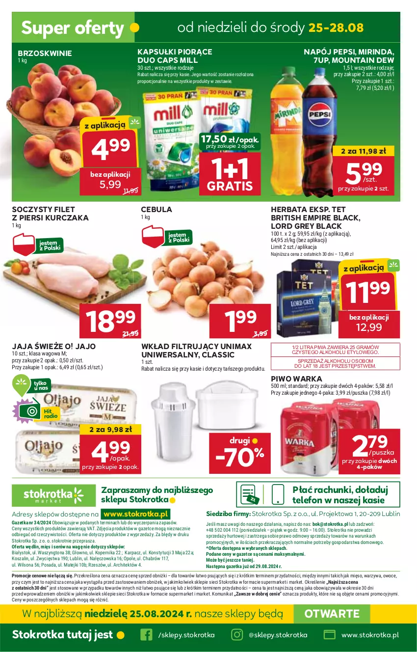 Gazetka promocyjna Stokrotka - Market - ważna 22.08 do 28.08.2024 - strona 23 - produkty: 7up, Brit, Brzoskwinie, Cebula, Dres, Filet z piersi kurczaka, Gra, Herbata, HP, Jaja, JBL, Kurczak, Lack, Mirinda, Napój, Pepsi, Piwa, Piwo, Telefon, Warka, Wkład filtrujący