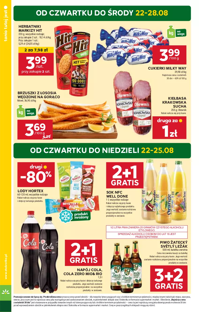 Gazetka promocyjna Stokrotka - Market - ważna 22.08 do 28.08.2024 - strona 4 - produkty: Brzuszki z łososia, Cukier, Cukierki, Gra, Herbatniki, Hortex, HP, Kiełbasa, Kiełbasa krakowska, Lody, Milky Way, Napój, Olewnik, Piwa, Piwo, Sok, Sos