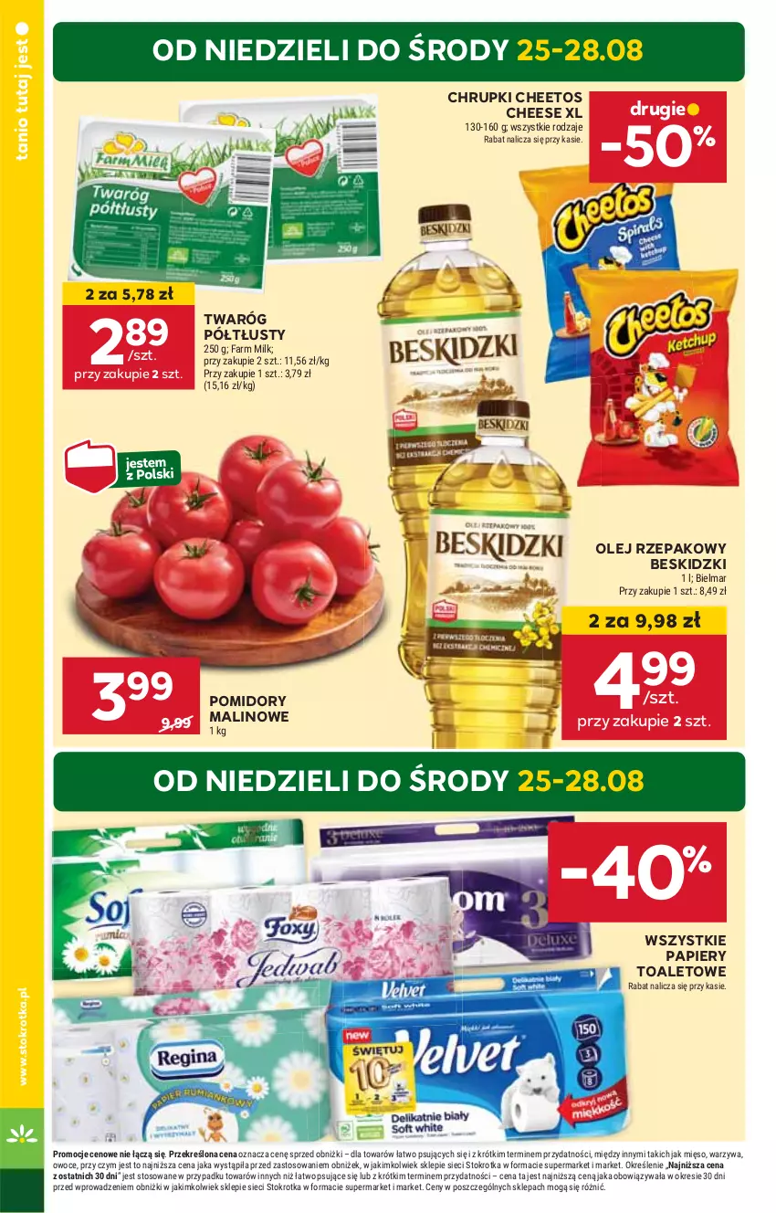 Gazetka promocyjna Stokrotka - Market - ważna 22.08 do 28.08.2024 - strona 6 - produkty: Beskidzki, Cheetos, Chrupki, HP, Olej, Olej rzepakowy, Papier, Pomidory, Twaróg, Twaróg półtłusty