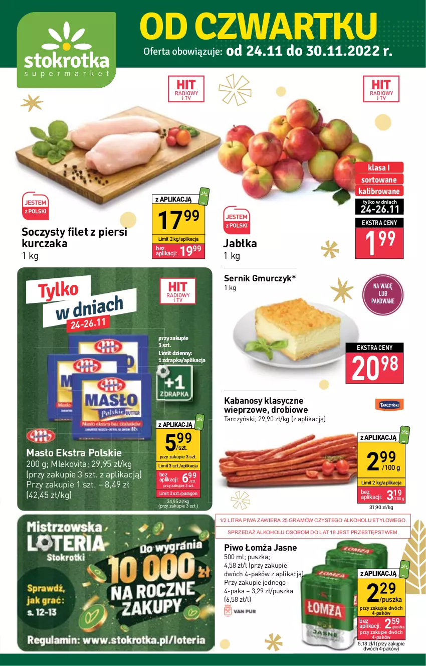 Gazetka promocyjna Stokrotka - Supermarket - ważna 24.11 do 30.11.2022 - strona 1 - produkty: Filet z piersi kurczaka, Gra, Jabłka, Kabanos, Kurczak, Masło, Mleko, Mlekovita, Piwa, Piwo, Ser, Tarczyński