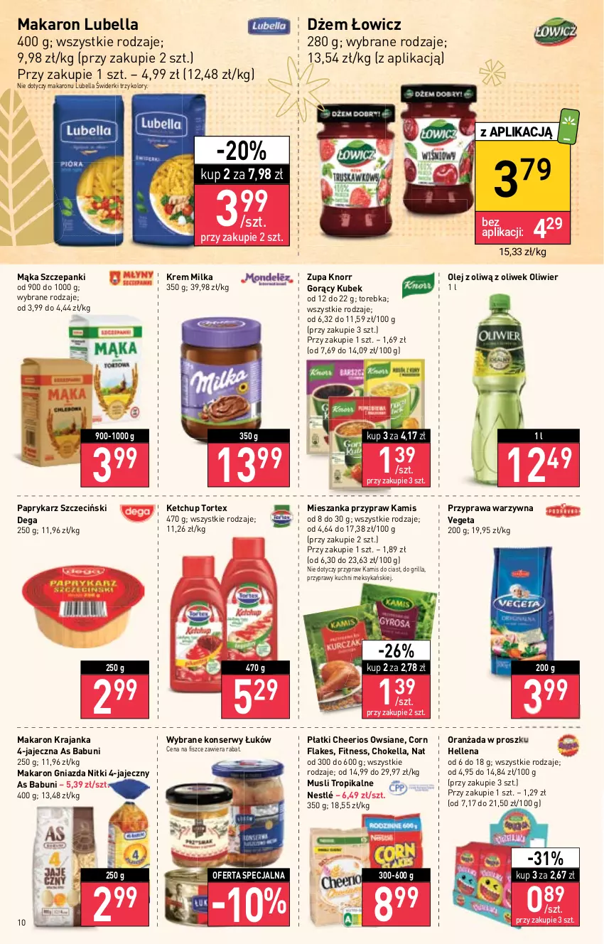 Gazetka promocyjna Stokrotka - Supermarket - ważna 24.11 do 30.11.2022 - strona 10 - produkty: Babuni, Bell, Bella, Cheerios, Corn flakes, Dega, Dżem, Grill, Hellena, Kamis, Ketchup, Knorr, Kubek, Lubella, Mąka, Makaron, Milka, Mus, Nestlé, Olej, Oranżada, Papryka, Paprykarz, Paprykarz szczeciński, Przyprawy, Ser, Torebka, Vegeta, Zupa