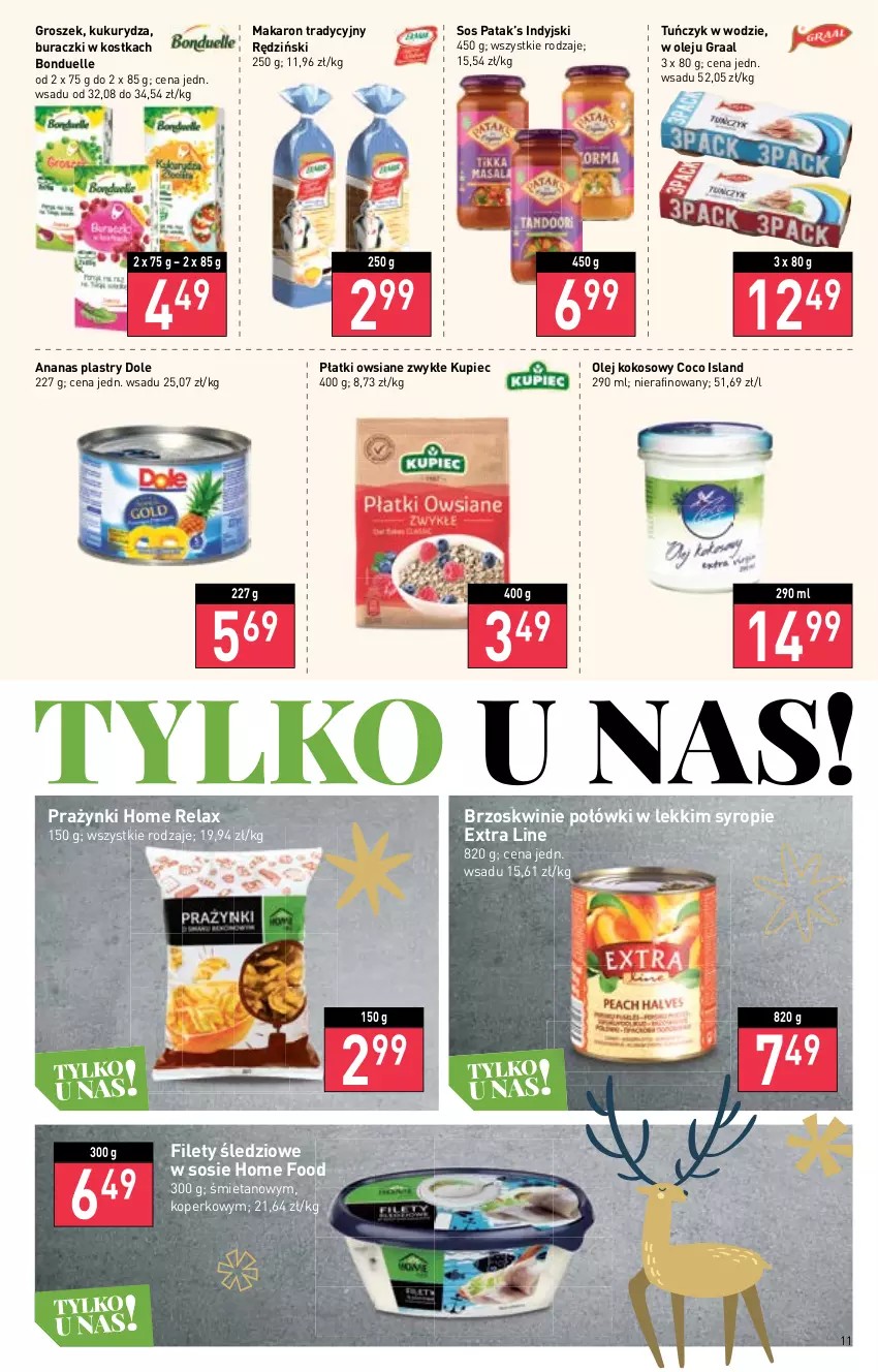 Gazetka promocyjna Stokrotka - Supermarket - ważna 24.11 do 30.11.2022 - strona 11 - produkty: Ananas, Bonduelle, Brzoskwinie, Buraczki, Gra, Graal, Groszek, Isla, Kokos, Kukurydza, Kupiec, Makaron, Olej, Olej kokosowy, Piec, Płatki owsiane, Sos, Syrop, Tuńczyk