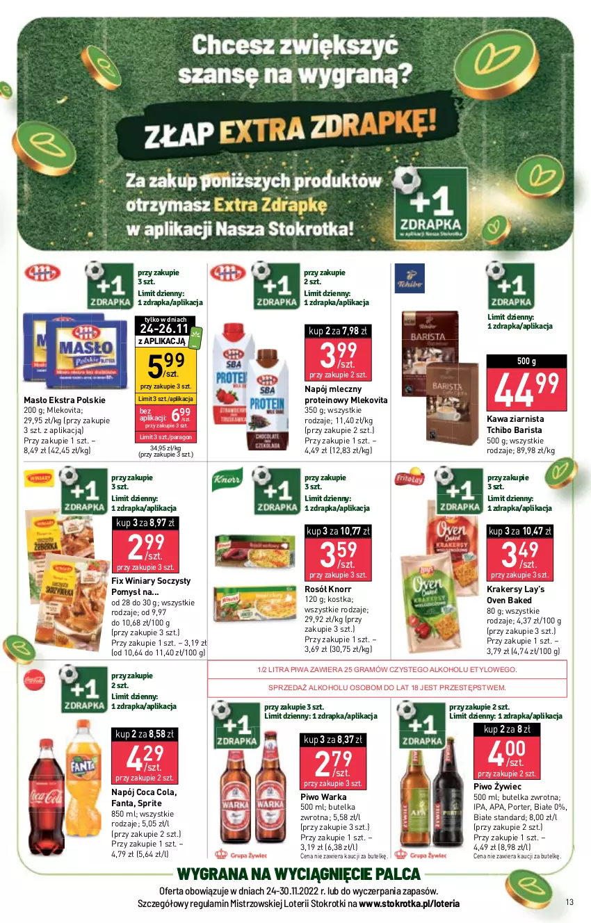 Gazetka promocyjna Stokrotka - Supermarket - ważna 24.11 do 30.11.2022 - strona 13 - produkty: Fa, Fanta, Gra, Kawa, Kawa ziarnista, Knorr, Krakersy, Lay’s, Masło, Mleko, Mlekovita, Napój, Napój mleczny, Piwa, Piwo, Por, Rosół, Sprite, Tchibo, Tchibo Barista, Warka, Winiary