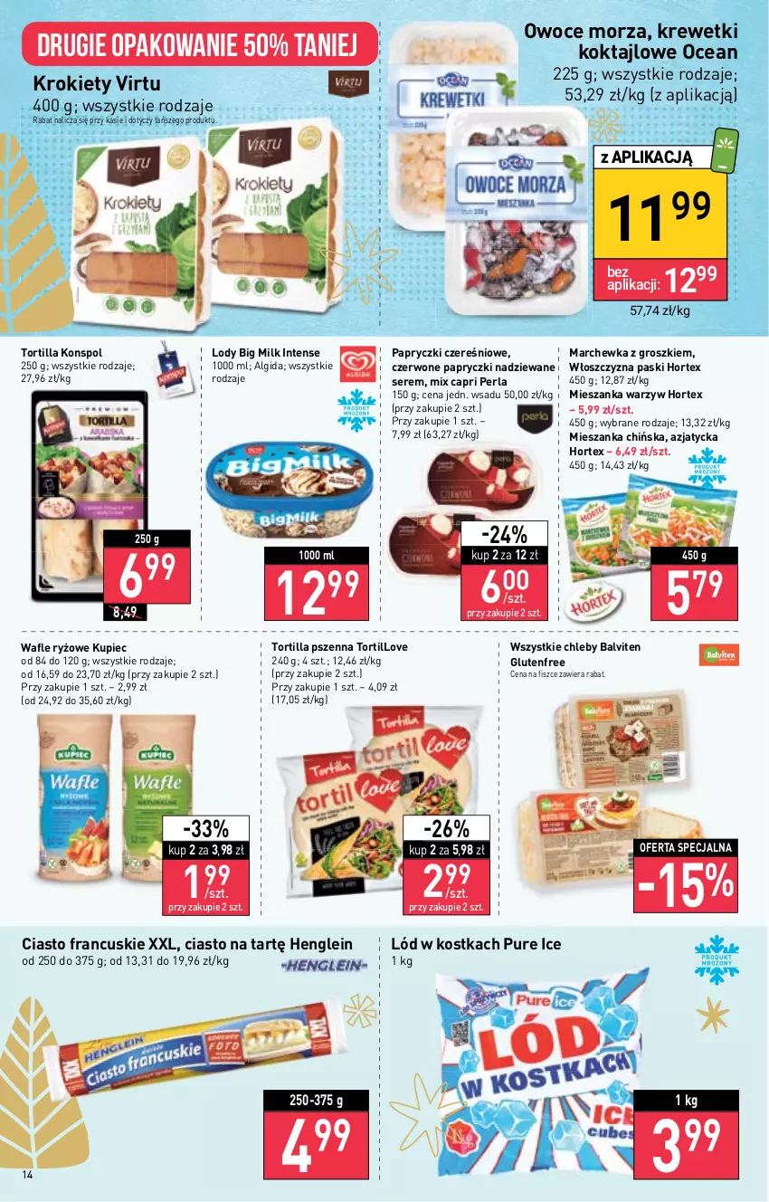 Gazetka promocyjna Stokrotka - Supermarket - ważna 24.11 do 30.11.2022 - strona 14 - produkty: Algida, Big Milk, Chleb, Ciasto francuskie, Hortex, Krewetki, Krokiety, Kupiec, LG, Lody, Marchewka, Mieszanka warzyw, Owoce, Owoce morza, Papryczki nadziewane, Piec, Pur, Ryż, Ser, Tortilla, Virtu, Wafle