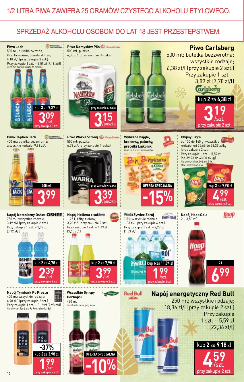 Gazetka promocyjna Stokrotka - Supermarket - ważna 24.11 do 30.11.2022 - strona 16 - produkty: Bajgle, Captain Jack, Carlsberg, Chipsy, Gra, Hellena, Herbapol, Hoop, Krakersy, Lajkonik, Lay’s, Namysłów, Napój, Napój energetyczny, Napój izotoniczny, Oshee, Piwa, Piwo, Precelki, Red Bull, Salsa, Sok, Syrop, Syropy, Tymbark, Warka, Woda