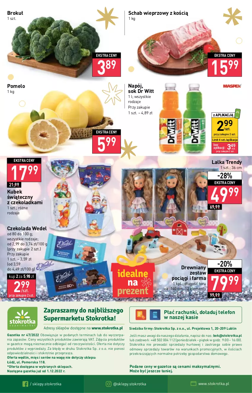 Gazetka promocyjna Stokrotka - Supermarket - ważna 24.11 do 30.11.2022 - strona 20 - produkty: Czekolada, Dres, Fa, JBL, Kubek, Lalka, Napój, O nas, Pociąg, Pomelo, Schab wieprzowy, Ser, Sok, Telefon, Wagi