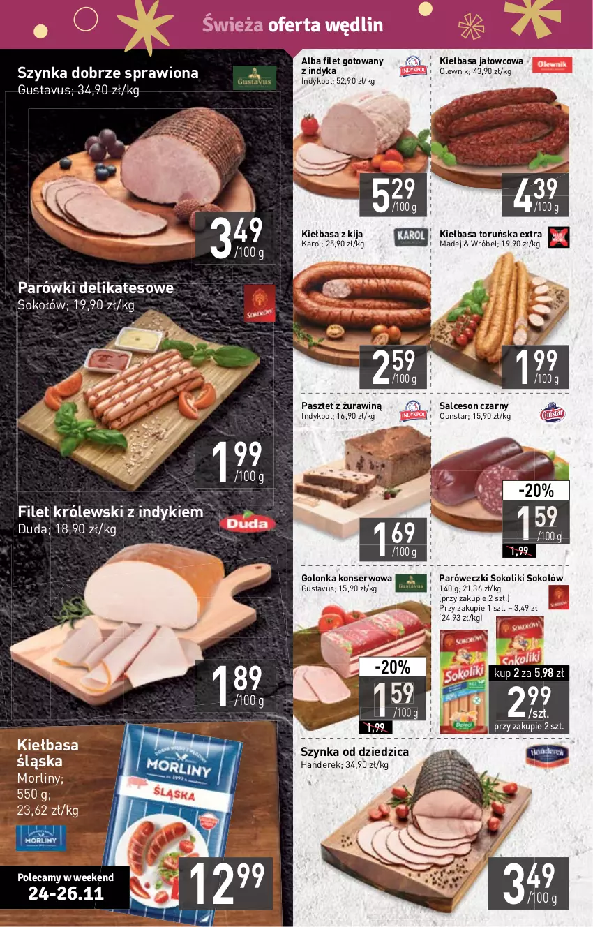 Gazetka promocyjna Stokrotka - Supermarket - ważna 24.11 do 30.11.2022 - strona 4 - produkty: Duda, Kiełbasa, Kiełbasa śląska, Królewski, Morliny, Olewnik, Parówki, Pasztet, Salceson, Ser, Sok, Sokołów, Szynka