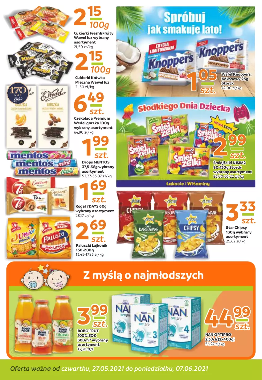 Gazetka promocyjna Gama - Gazetka Gama - ważna 27.05 do 07.06.2021 - strona 4 - produkty: Chipsy, Cukier, Cukierki, Czekolada, Knoppers, Kokos, Lajkonik, Mentos, NAN Optipro, Nimm2, Rogal, Sok, Wawel