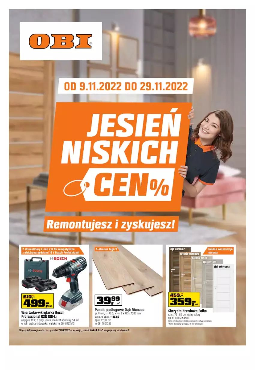 Gazetka promocyjna Obi - Gazetka OBI - ważna 09.11 do 29.11.2022 - strona 1 - produkty: Bosch, Drzwi, Fa, Skrzydło drzwiowe, Tarka, Walizka, Warka, Wkręt, Wkrętarka