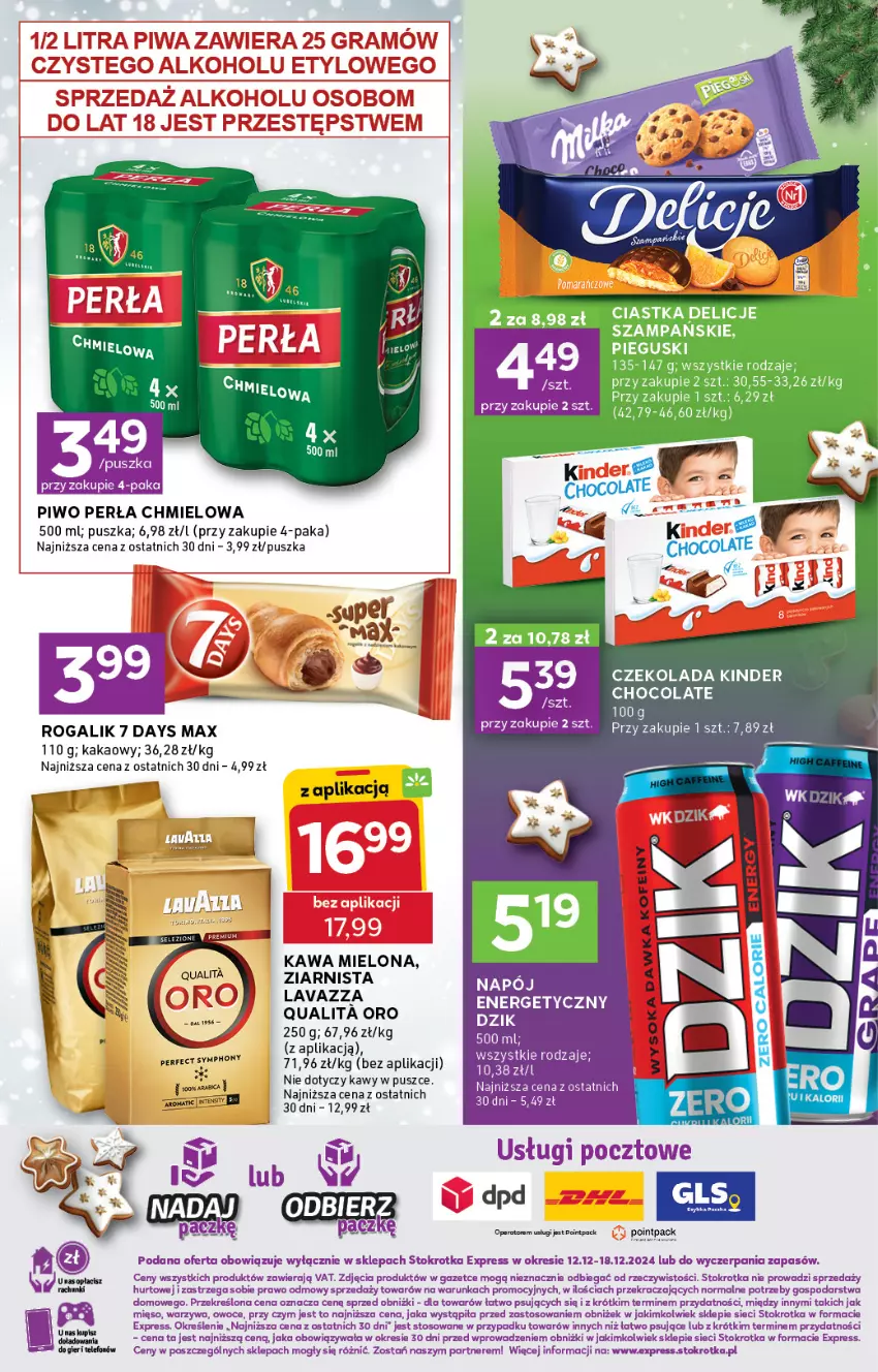 Gazetka promocyjna Stokrotka - Stokrotka Express - ważna 12.12 do 18.12.2024 - strona 3 - produkty: 7 Days, Ciastka, Czekolada, Delicje, Kakao, Kawa, Kawa mielona, Kinder, Lavazza, Napój, Napój energetyczny, Owoce, Perła, Piwo, Rogal, Warzywa