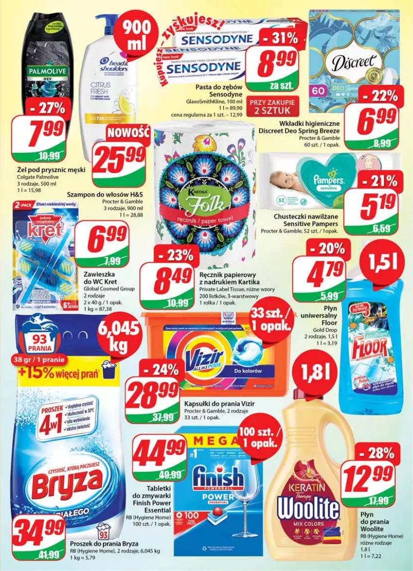 Gazetka promocyjna Dino - Gazetka - ważna 14.09 do 20.09.2022 - strona 23 - produkty: Bryza, Chusteczki, Colgate, Discreet, Feta, Finish, Kapsułki do prania, Kret, LG, Palmolive, Pampers, Papier, Pasta do zębów, Proszek do prania, Ręcznik, Sensodyne, Szampon, Tablet, Tabletki do zmywarki, Vizir, Wkładki, Woolite, Zmywarki