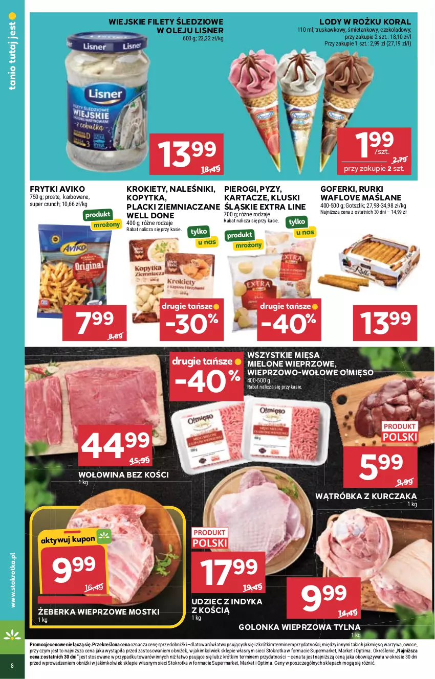 Gazetka promocyjna Stokrotka - Market - ważna 18.06 do 24.06.2026 - strona 10 - produkty: Frytki, Golonka wieprzowa, Kopytka, Krokiety, Kurczak, Lack, Lisner, Lody, Mięso, Naleśniki, Olej, Optima, Owoce, Pierogi, Rurki, Udziec z indyka, Warzywa, Wołowina, Wołowina bez kości