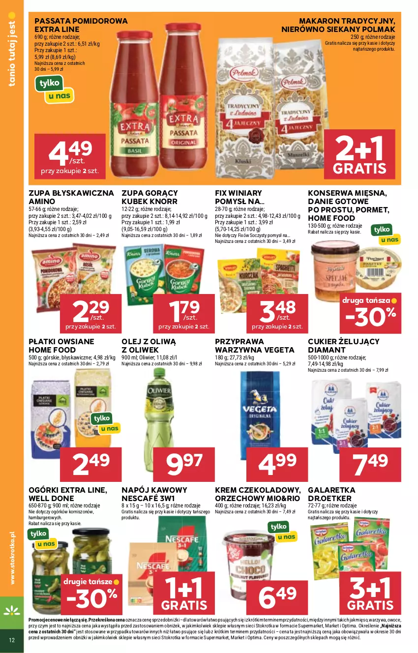 Gazetka promocyjna Stokrotka - Market - ważna 18.06 do 24.06.2026 - strona 20 - produkty: Burger, Cukier, Danie gotowe, Diamant, Gala, Galaretka, Gra, Hamburger, Knorr, Kubek, Makaron, Mięso, Napój, Nescafé, Olej, Olma, Optima, Owoce, Płatki owsiane, Por, Ser, Vegeta, Warzywa, Winiary, Zupa