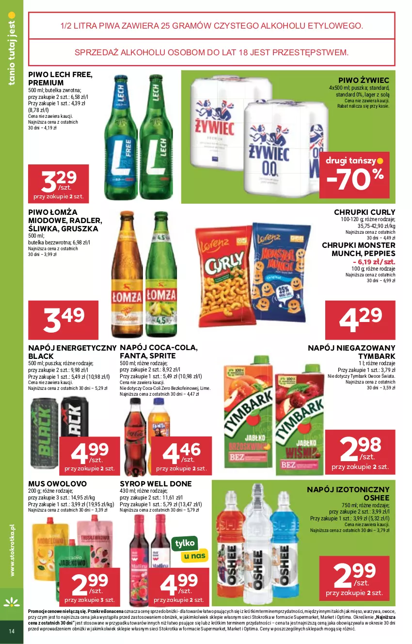 Gazetka promocyjna Stokrotka - Market - ważna 18.06 do 24.06.2026 - strona 26 - produkty: Chrupki, Coca-Cola, Fa, Fanta, Gra, Lack, Mięso, Monster Munch, Mus, Napój, Napój energetyczny, Napój izotoniczny, Napój niegazowany, Optima, Oshee, Owoce, Piwa, Piwo, Radler, Sprite, Syrop, Tymbark, Warzywa