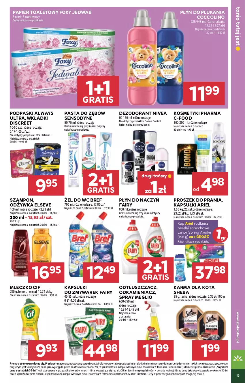 Gazetka promocyjna Stokrotka - Market - ważna 18.06 do 24.06.2026 - strona 27 - produkty: Always, Always Ultra, Ariel, Bref, Cif, Coccolino, Control, Dezodorant, Discreet, Elseve, Fa, Fairy, Foxy, Gra, Lenor, Mięso, Mleczko, Nivea, Odkamieniacz, Odtłuszczacz, Odżywka, Optima, Owoce, Papier, Papier toaletowy, Pasek, Pasta do zębów, Perełki zapachowe, Płyn do płukania, Podpaski, Proszek do prania, Sensodyne, Sheba, Szampon, Warzywa, Wkładki
