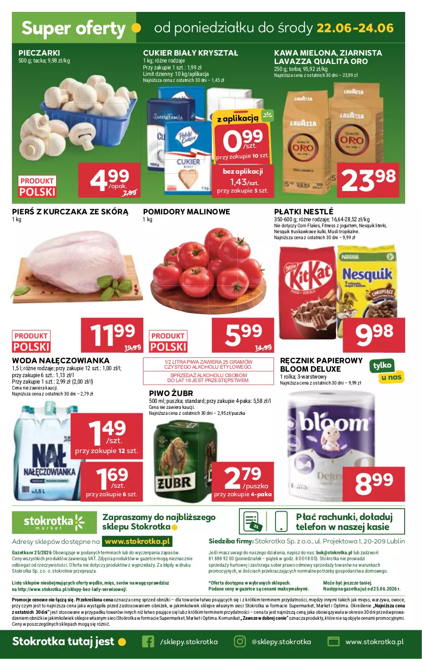 Gazetka promocyjna Stokrotka - Market - ważna 18.06 do 24.06.2026 - strona 33 - produkty: Corn flakes, Cukier, Dres, Gra, JBL, Jogurt, Kawa, Kawa mielona, Kurczak, Lavazza, Mięso, Mus, Nałęczowianka, Nesquik, Nestlé, O nas, Optima, Owoce, Papier, Piec, Piwa, Piwo, Pomidory, Ręcznik, Ser, Telefon, Torba, Wagi, Warzywa, Woda