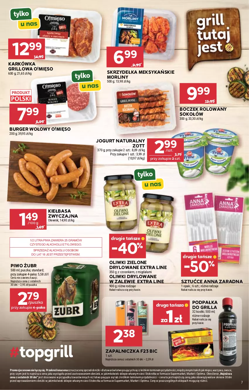 Gazetka promocyjna Stokrotka - Market - ważna 18.06 do 24.06.2026 - strona 9 - produkty: BIC, Boczek, Burger, Gra, Grill, Jogurt, Jogurt naturalny, Kiełbasa, Mięso, Morliny, Olewnik, Oliwki, Oliwki zielone, Optima, Owoce, Piwa, Piwo, Sok, Sokołów, Warzywa, Zapalniczka, Zott