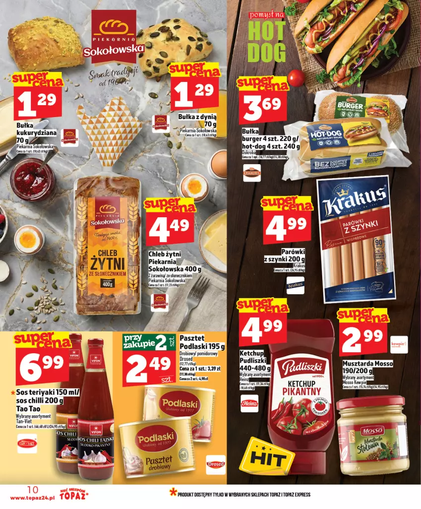 Gazetka promocyjna Topaz - Gazetka - ważna 25.02 do 04.03.2026 - strona 10 - produkty: Bułka, Dynią, Parówki, Parówki z szynki, Pasztet, Podlaski, Sok, Sos, Sos chilli, Top