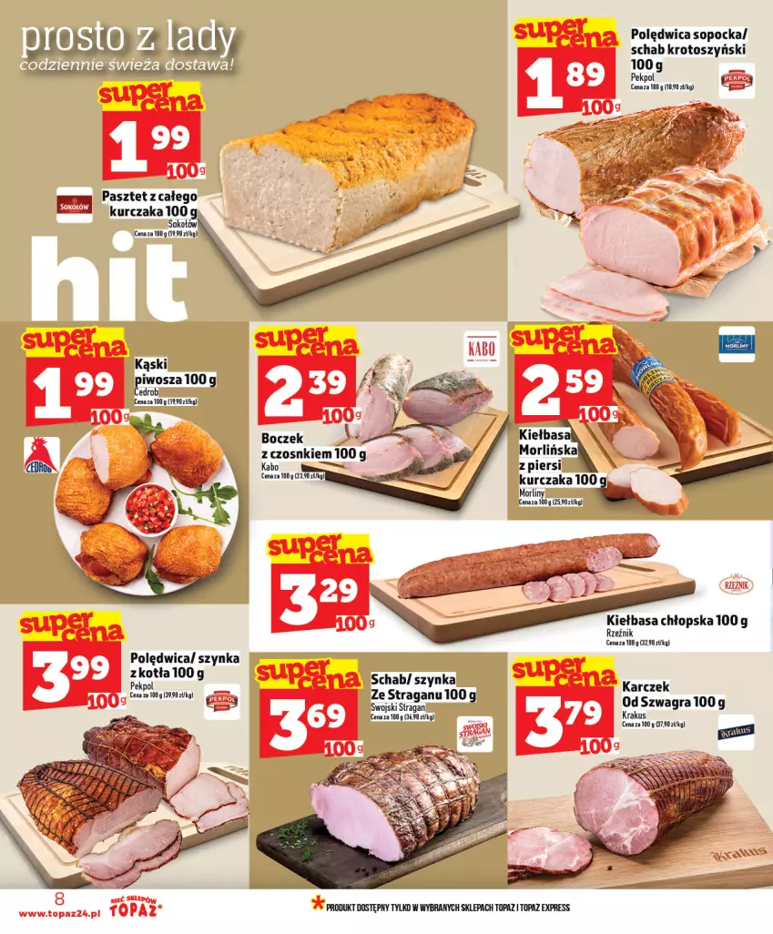 Gazetka promocyjna Topaz - Gazetka - ważna 25.02 do 04.03.2026 - strona 8 - produkty: Boczek, Gra, Kiełbasa, Krakus, Kurczak, Morliny, Pasztet, Pekpol, Piwo, Polędwica, Schab krotoszyński, Szynka, Top