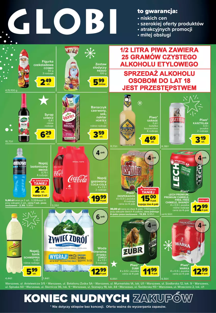 Gazetka promocyjna Carrefour - Gazetka Globi - ważna 13.12 do 19.12.2022 - strona 2 - produkty: Coca-Cola, Desperados, Gra, Hortex, Kasztelan, Koc, Kosz, Lech Premium, Lion, Napój, Napój gazowany, Piwa, Piwo, Schweppes, Syrop, Tonik, Warka