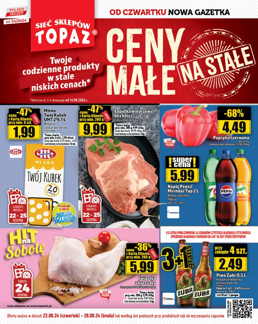 Gazetka promocyjna Topaz - Gazetka - ważna 22.08 do 28.08.2024 - strona 1 - produkty: Kubek, Kurczak, Mleko, Mlekovita, Pepsi, Piwo, Top, Vita C