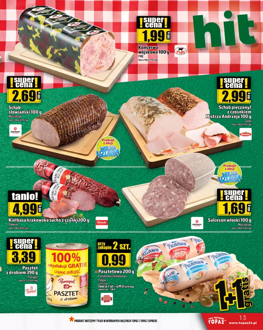 Gazetka promocyjna Topaz - Gazetka - ważna 22.08 do 28.08.2024 - strona 13 - produkty: Duda, Kiełbasa, Kiełbasa krakowska, Pasztet, Piec, Salceson, Schab pieczony, Top