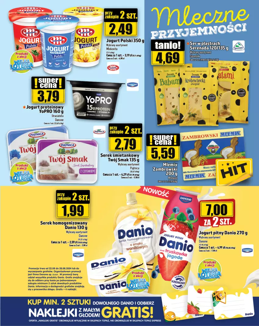 Gazetka promocyjna Topaz - Gazetka - ważna 22.08 do 28.08.2024 - strona 15 - produkty: Danio, Danone, Gra, Jogurt, Jogurt pitny, Klej, NBA, Ser, Serek, Taca, Top, Twój Smak