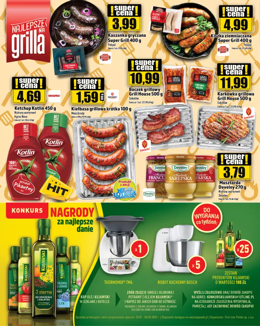 Gazetka promocyjna Topaz - Gazetka - ważna 22.08 do 28.08.2024 - strona 20 - produkty: Bazyl, Boczek, Dres, Grill, Gry, Kasza, Kaszanka, Ketchup, Kiełbasa, Kotlin, Kujawski, Mięta, Olej, Pekpol, Sok, Sokołów