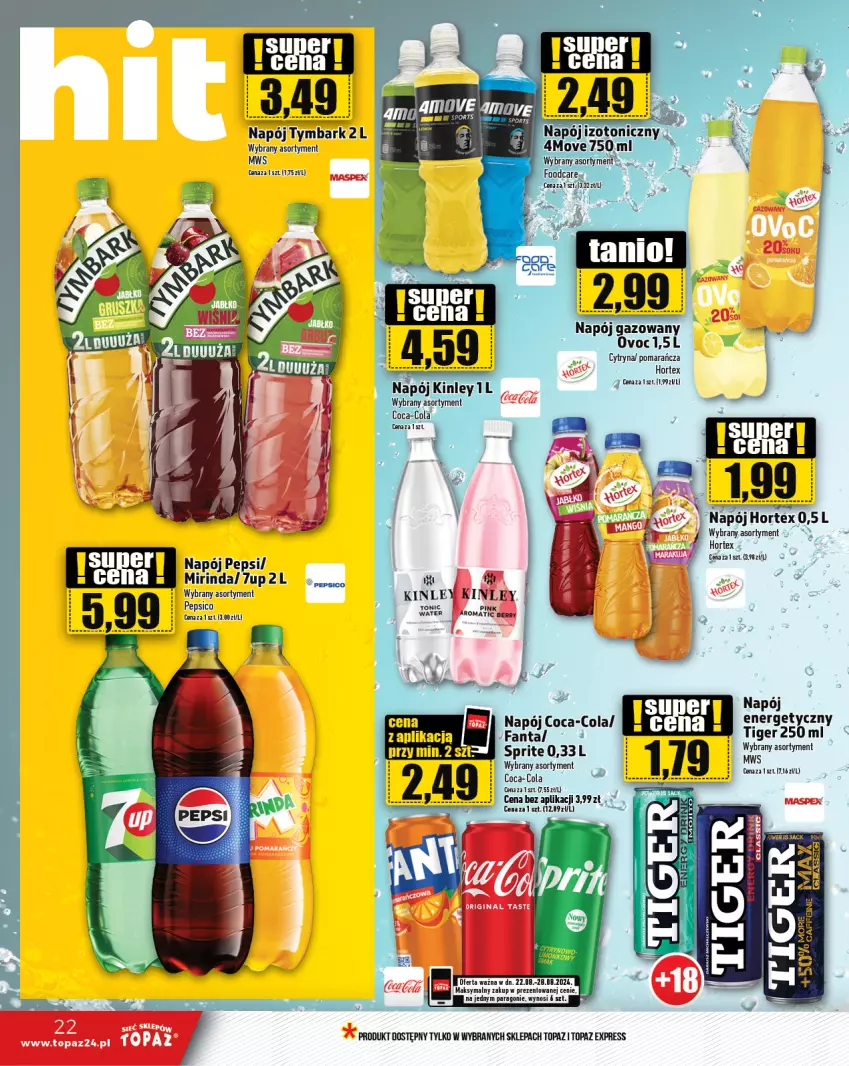 Gazetka promocyjna Topaz - Gazetka - ważna 22.08 do 28.08.2024 - strona 22 - produkty: Coca-Cola, Hortex, Napój, Napój energetyczny, Napój gazowany, Napój izotoniczny, Olej, Pepsi, Sprite, Tiger, Top