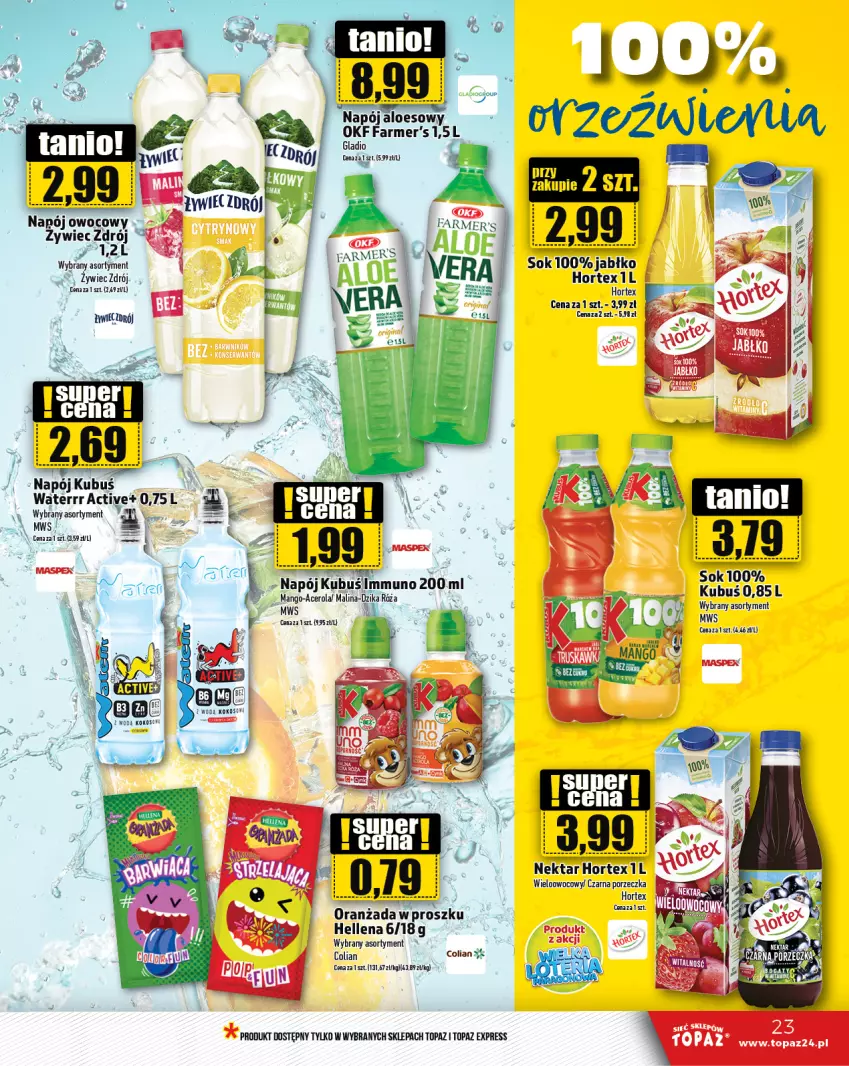 Gazetka promocyjna Topaz - Gazetka - ważna 22.08 do 28.08.2024 - strona 23 - produkty: Acer, Dzika róża, Hellena, Hortex, Kubuś, Mango, Napój, Nektar, Por, Róża, Sok, Top