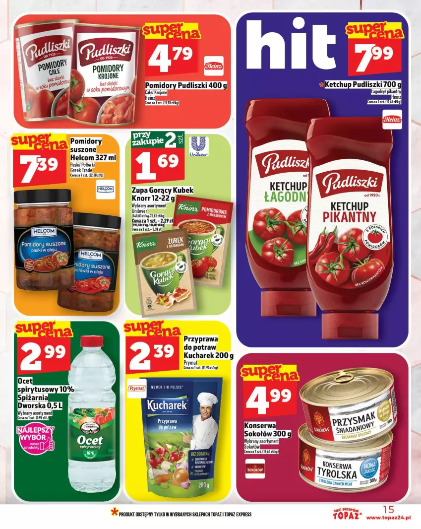 Gazetka promocyjna Topaz - Gazetka - ważna 23.10 do 29.10.2025 - strona 15 - produkty: Heinz, HELCOM, K2, Ketchup, Knorr, Kubek, Kucharek, Olej, Pomidory, Pomidory krojone, Prymat, Przyprawa do potraw, Pudliszki, Ser, Sok, Sokołów, Top, Zupa