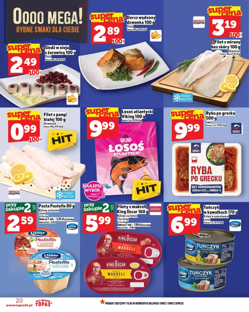 Gazetka promocyjna Topaz - Gazetka - ważna 23.10 do 29.10.2025 - strona 20 - produkty: Dorsz, Dorsz wędzony, Filet z pangi, Kawa, Lisner, Olej, Pastella, SEKO, Sos, Top, Tuńczyk