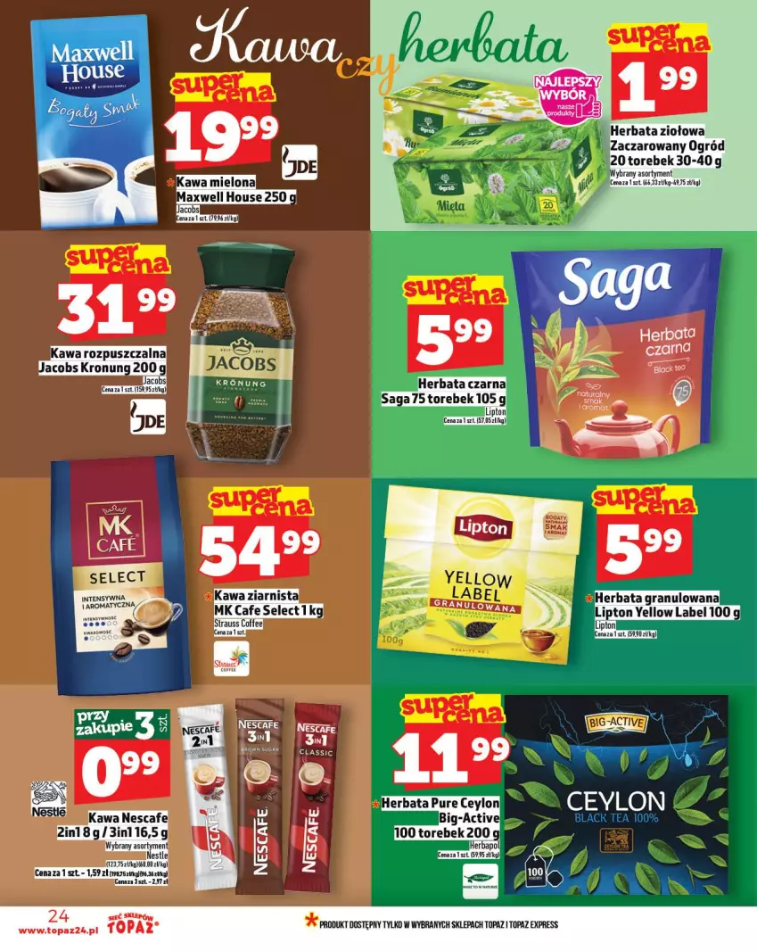 Gazetka promocyjna Topaz - Gazetka - ważna 23.10 do 29.10.2025 - strona 24 - produkty: Gra, Herbata, Herbata czarna, Jacobs, Kask, Kawa, Kawa rozpuszczalna, Kawa ziarnista, Lipton, Saga, Top