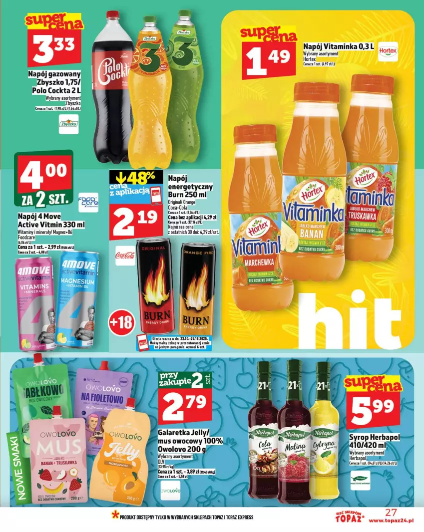 Gazetka promocyjna Topaz - Gazetka - ważna 23.10 do 29.10.2025 - strona 27 - produkty: Coca-Cola, Gin, Herbapol, Hortex, Inka, Magnez, Napój, Napój energetyczny, Napój gazowany, Top