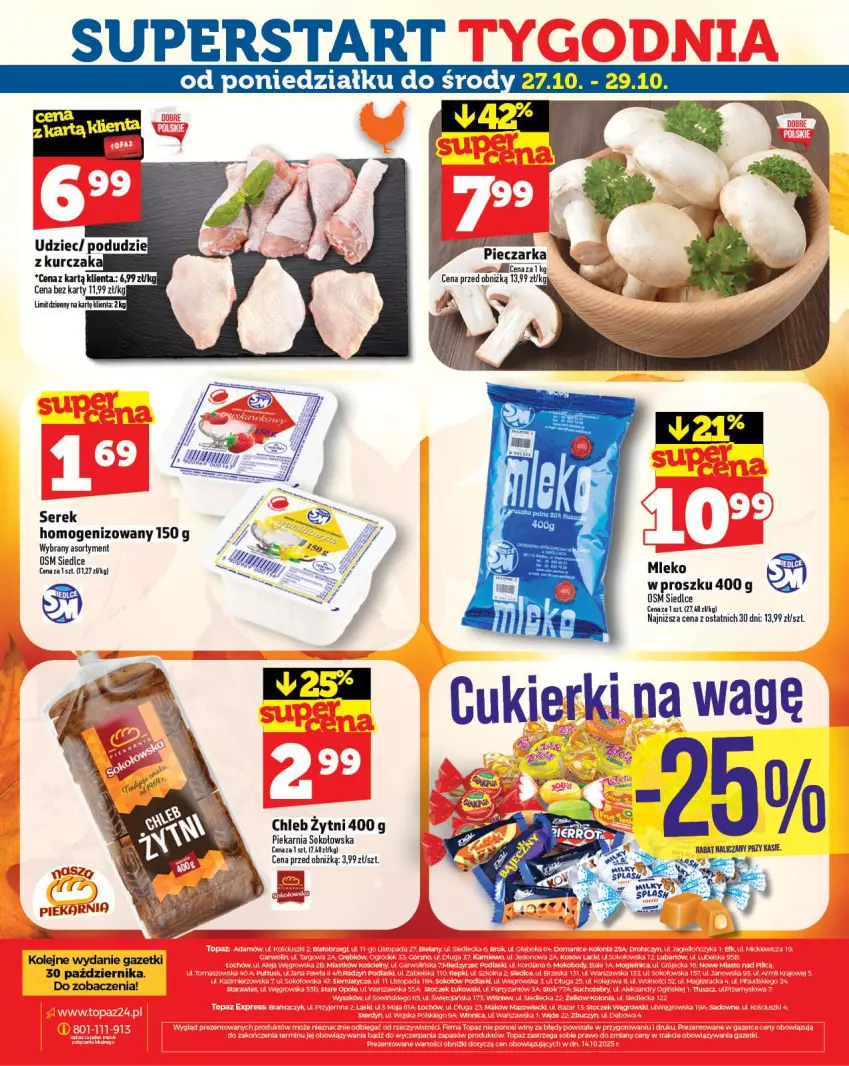 Gazetka promocyjna Topaz - Gazetka - ważna 23.10 do 29.10.2025 - strona 32 - produkty: Chleb, Mleko, Olej, Piec, Pieczarka, Ser, Serek, Sok