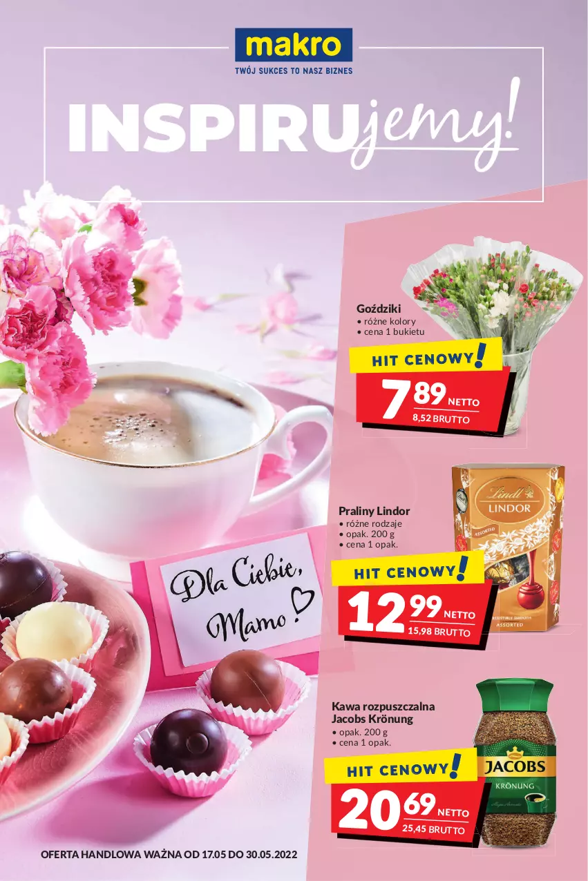 Gazetka promocyjna Makro - [Oferta promocyjna] Artykuły spożywcze i przemysłowe - ważna 17.05 do 30.05.2022 - strona 1 - produkty: Bukiet, Jacobs, Jacobs Krönung, Kawa, Kawa rozpuszczalna, Lindor, Praliny