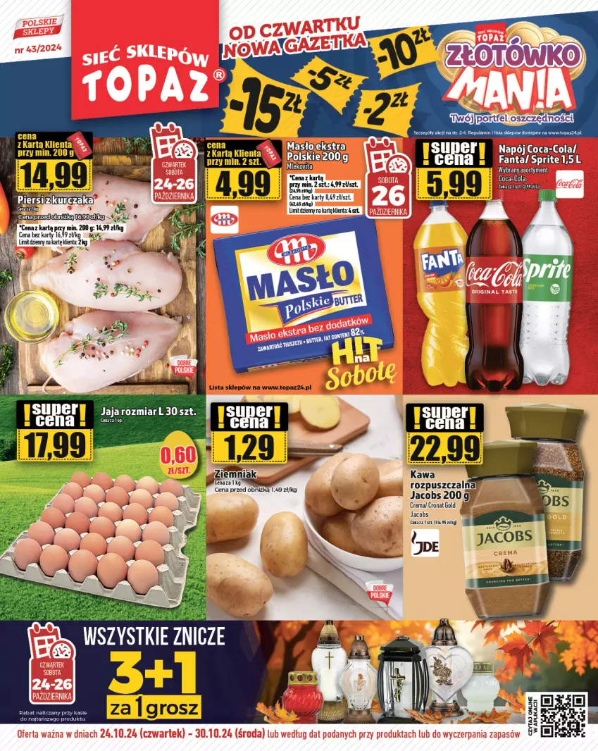 Gazetka promocyjna Topaz - Gazetka - ważna 24.10 do 30.10.2024 - strona 1 - produkty: Coca-Cola, Jacobs, Jaja, LG, Tera, Znicz