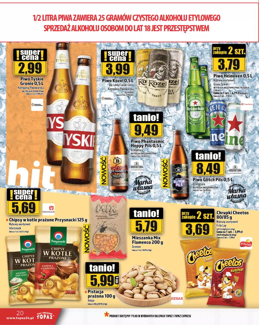 Gazetka promocyjna Topaz - Gazetka - ważna 24.10 do 30.10.2024 - strona 20 - produkty: Chipsy, Chrupki, Fa, Heineken, Piwo, Przysnacki, Top, Tyskie