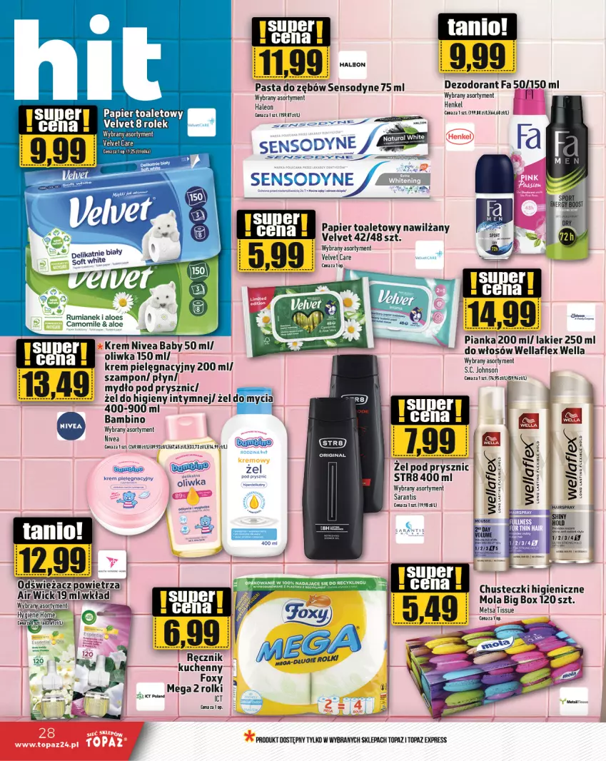 Gazetka promocyjna Topaz - Gazetka - ważna 24.10 do 30.10.2024 - strona 28 - produkty: Chusteczki, Dezodorant, Fa, Foxy, Gin, Lakier, Leon, Mola, Mydło, Nivea, Nivea Baby, Papier, Papier toaletowy, Pasta do zębów, Ręcznik, Ręcznik kuchenny, Rolki, Sensodyne, Str8, Szampon, Top, Velvet, Wella, Wellaflex