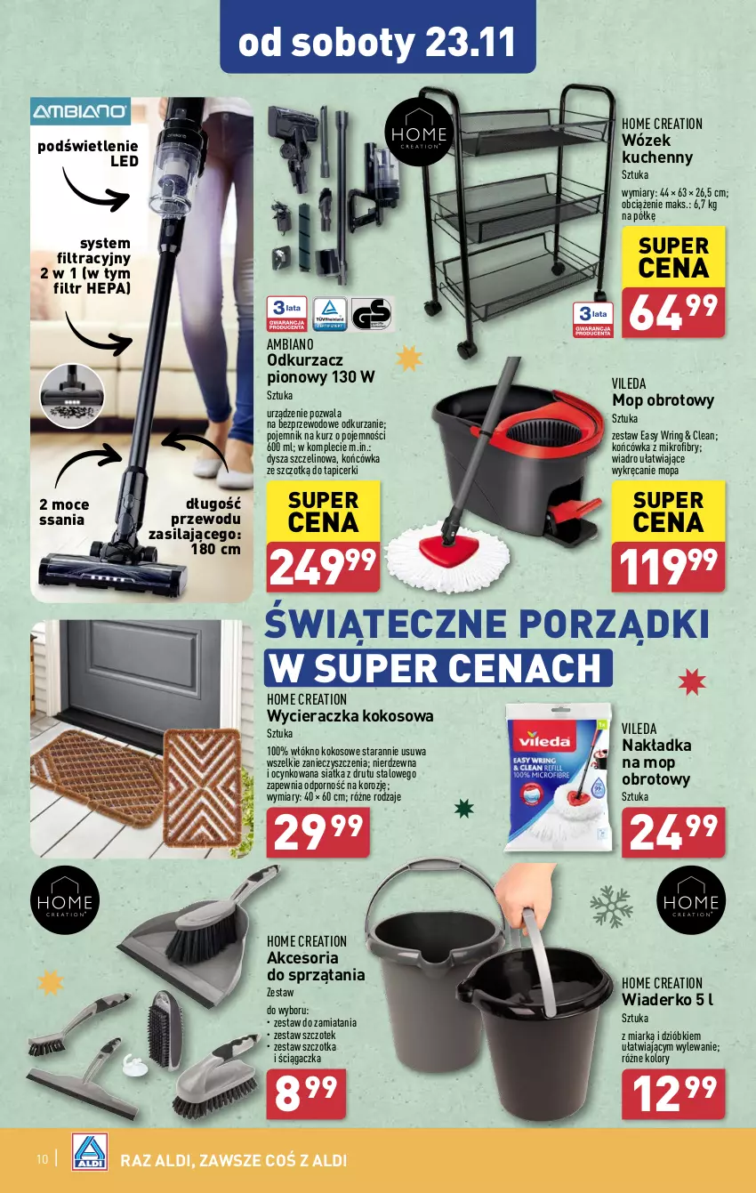 Gazetka promocyjna Aldi - Artykuły przemysłowe i tekstylia - ważna 20.11 do 23.11.2024 - strona 10 - produkty: Cynk, Kokos, Mop, Odkurzacz, Pojemnik, Por, Siatka, Szczotka, Vileda, Wiadro, Wózek, Wycieraczka