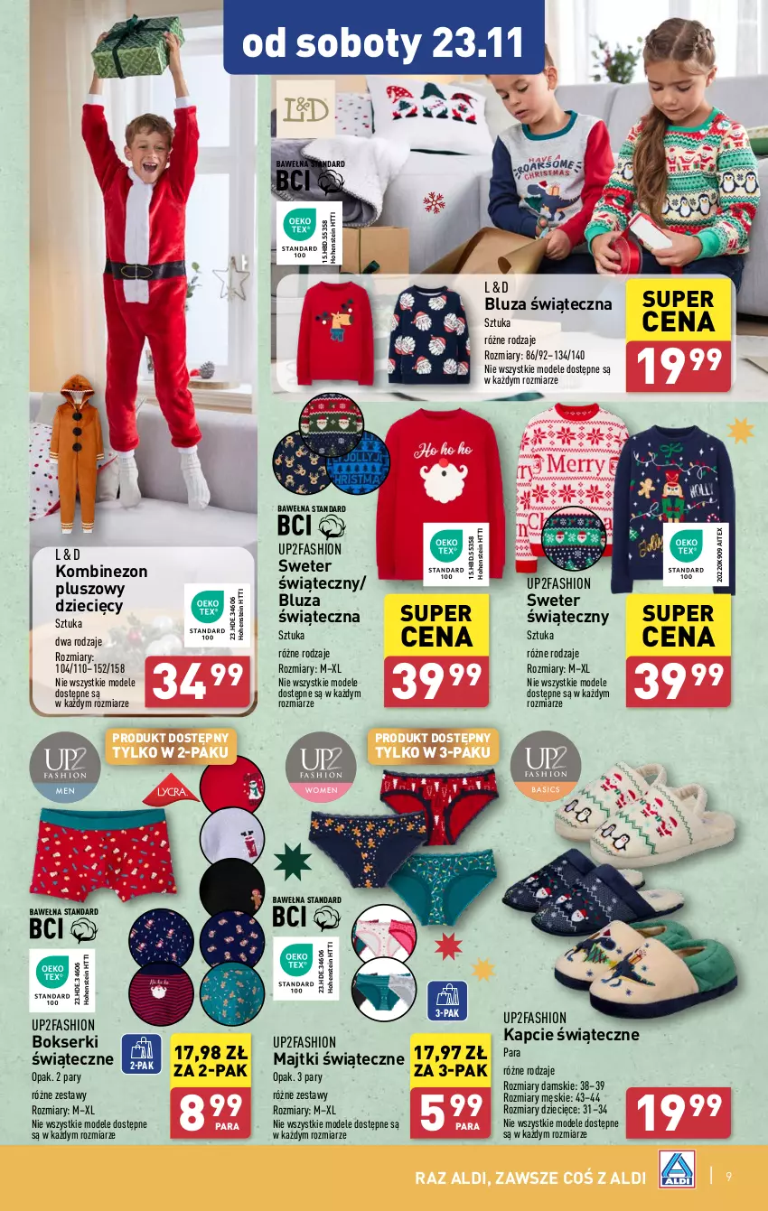 Gazetka promocyjna Aldi - Artykuły przemysłowe i tekstylia - ważna 20.11 do 23.11.2024 - strona 9 - produkty: Bluza, Bokserki, Dzieci, Fa, Kapcie, Kombinezon, Majtki, Ser, Sweter