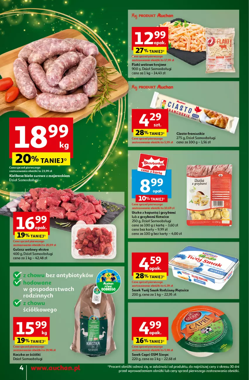 Gazetka promocyjna Auchan - Gazetka Pewność Niskich Cen Moje Auchan - ważna 05.12 do 11.12.2024 - strona 6 - produkty: Ciasto francuskie, Flaki, Flaki wołowe, Gulasz wołowy, Kaczka, Kapustą, Kiełbasa, Kiełbasa biała, Piątnica, Ser, Serek, Twój Smak