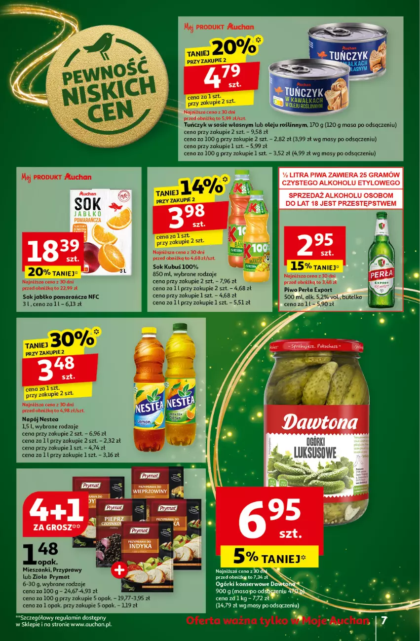 Gazetka promocyjna Auchan - Gazetka Pewność Niskich Cen Moje Auchan - ważna 05.12 do 11.12.2024 - strona 9 - produkty: Kubuś, Napój, Nestea, Ogórki konserwowe, Olej, Perła, Piwo, Por, Prymat, Przyprawy, Ser, Sok, Sos, Tuńczyk