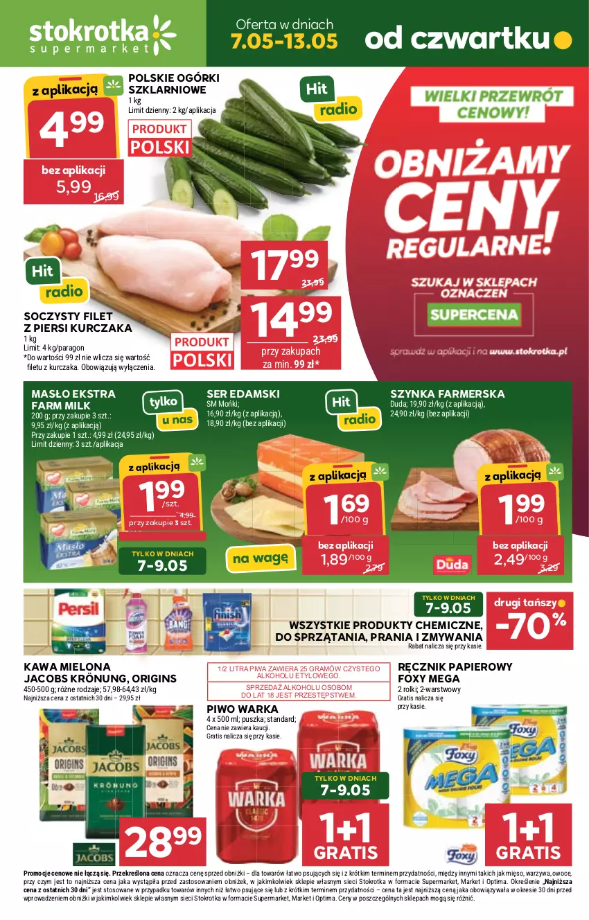 Gazetka promocyjna Stokrotka - Supermarket - ważna 07.05 do 13.05.2026 - strona 1 - produkty: Duda, Edam, Fa, Farm Milk, Filet z piersi kurczaka, Foxy, Gin, Gra, Jacobs, Jacobs Krönung, Kawa, Kawa mielona, Kurczak, Masło, Mięso, Optima, Owoce, Papier, Piwa, Piwo, Ręcznik, Rolki, Ser, Szynka, Szynka farmerska, Warka, Warzywa
