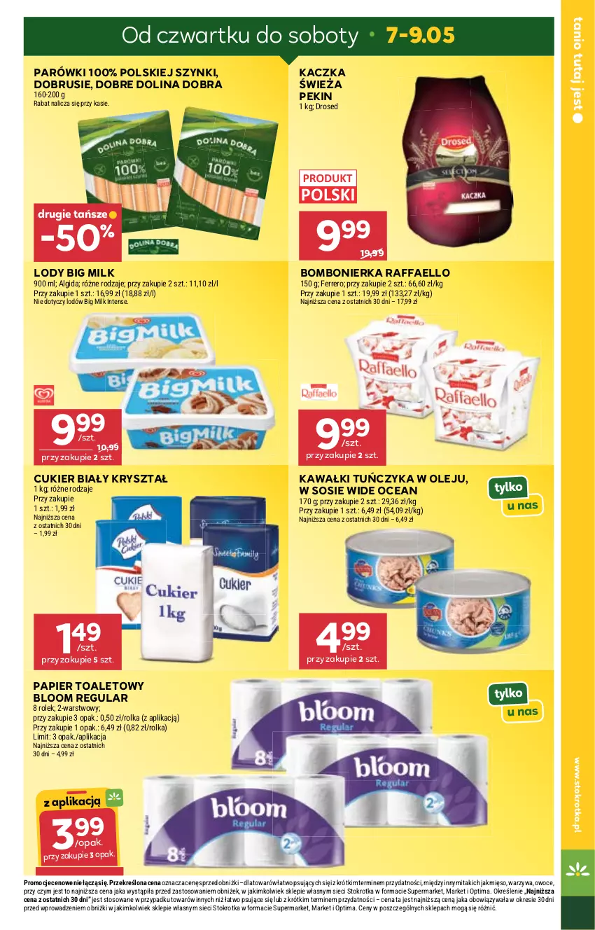 Gazetka promocyjna Stokrotka - Supermarket - ważna 07.05 do 13.05.2026 - strona 18 - produkty: Algida, Big Milk, Cukier, Fa, Ferrero, Kaczka, Kawa, LG, Lody, Mięso, Obrus, Olej, Optima, Owoce, Papier, Papier toaletowy, Parówki, Raffaello, Sos, Tuńczyk, Warzywa