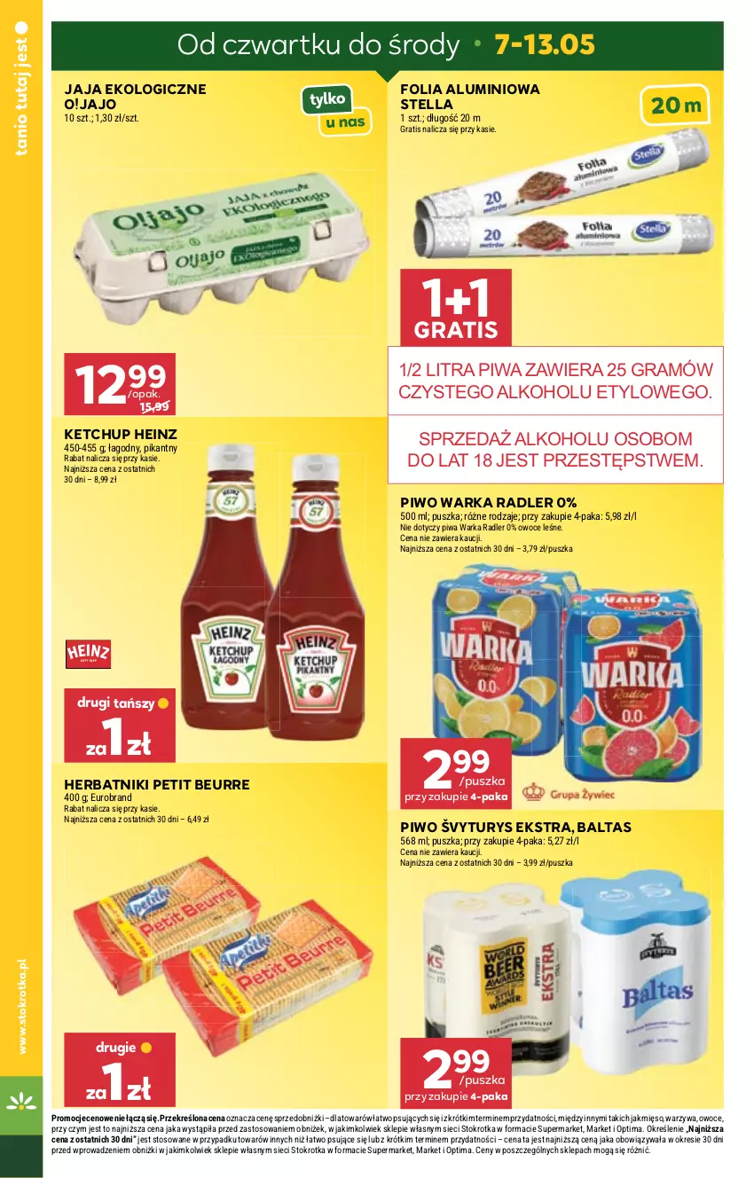 Gazetka promocyjna Stokrotka - Supermarket - ważna 07.05 do 13.05.2026 - strona 19 - produkty: Folia aluminiowa, Gra, Heinz, Herbatniki, Herbatniki Petit Beurre, Jaja, Ketchup, Mięso, Optima, Owoce, Piwa, Piwo, Radler, Warka, Warzywa