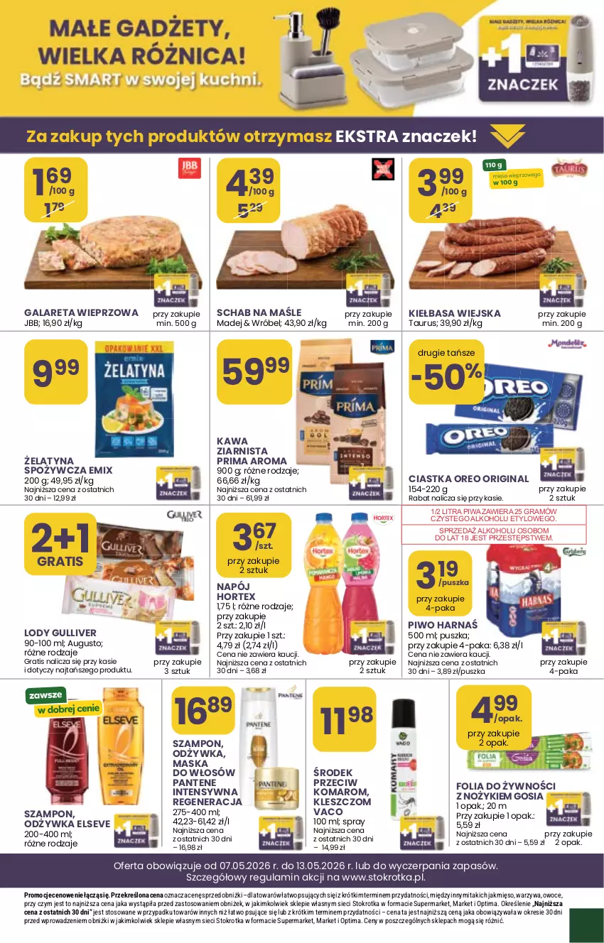 Gazetka promocyjna Stokrotka - Supermarket - ważna 07.05 do 13.05.2026 - strona 40 - produkty: Ciastka, Elseve, Gala, Gin, Gra, Harnaś, Hortex, Kawa, Kawa ziarnista, Kiełbasa, Kiełbasa wiejska, Lody, Maska, Maska do włosów, Mięso, Napój, Noż, Odżywka, Optima, Oreo, Owoce, Pantene, Piwa, Piwo, Prima, Szampon, Warzywa