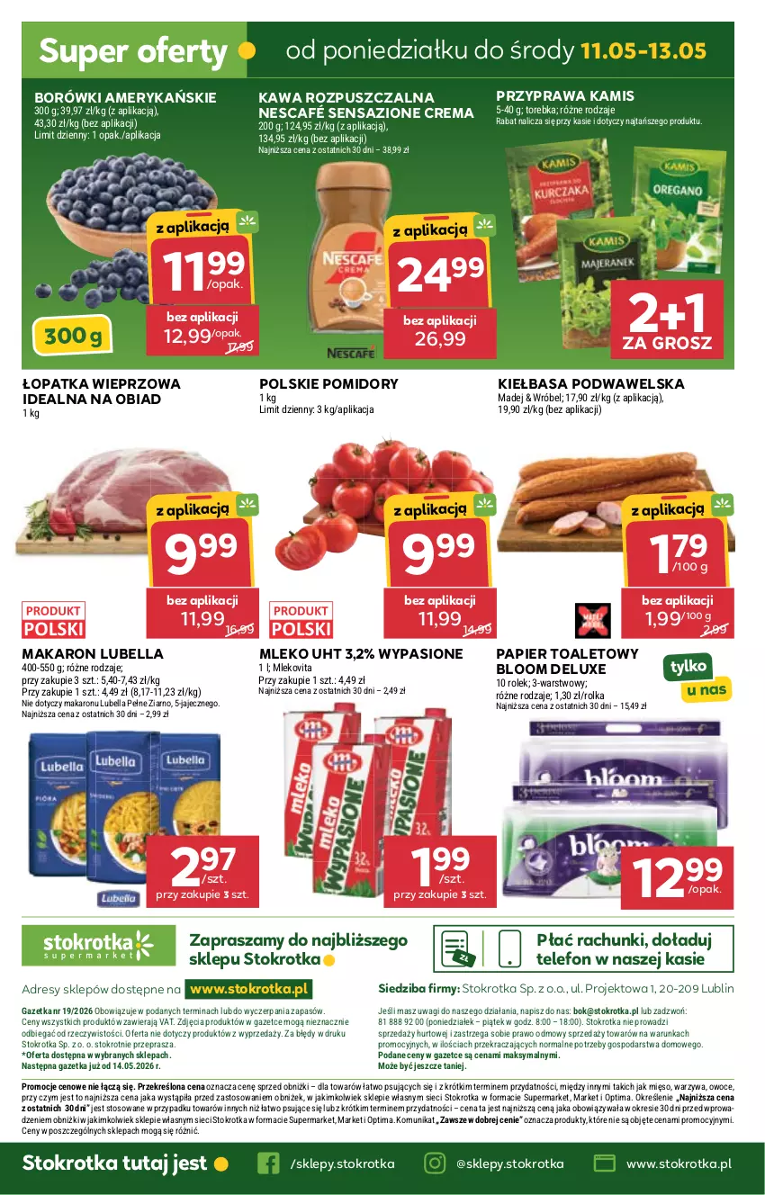 Gazetka promocyjna Stokrotka - Supermarket - ważna 07.05 do 13.05.2026 - strona 45 - produkty: Bell, Bella, Dres, JBL, Kamis, Kawa, Kawa rozpuszczalna, Kiełbasa, Kiełbasa podwawelska, Lubella, Makaron, Mięso, Mleko, Mlekovita, Nescafé, O nas, Optima, Owoce, Papier, Papier toaletowy, Pomidory, Telefon, Torebka, Wagi, Warzywa, Wawel