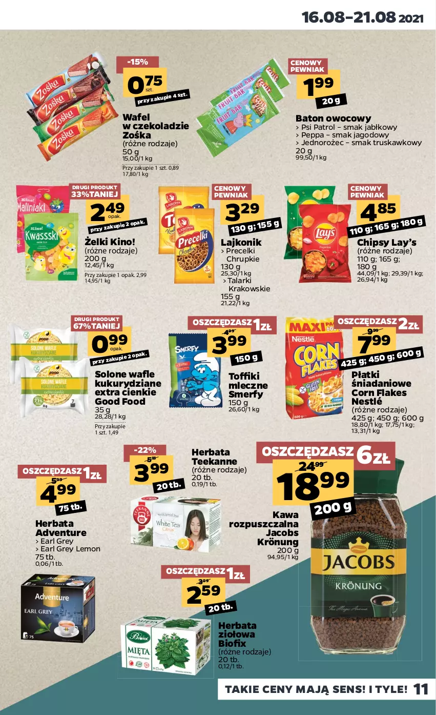 Gazetka promocyjna Netto - Gazetka spożywcza - ważna 16.08 do 21.08.2021 - strona 11 - produkty: Baton, Chipsy, Chrupki, Corn flakes, Danio, Earl Grey, Herbata, Jacobs, Jacobs Krönung, Jednorożec, Kawa, Kawa rozpuszczalna, Lajkonik, Lay’s, Nestlé, Precelki, Psi Patrol, Teekanne, Wafle