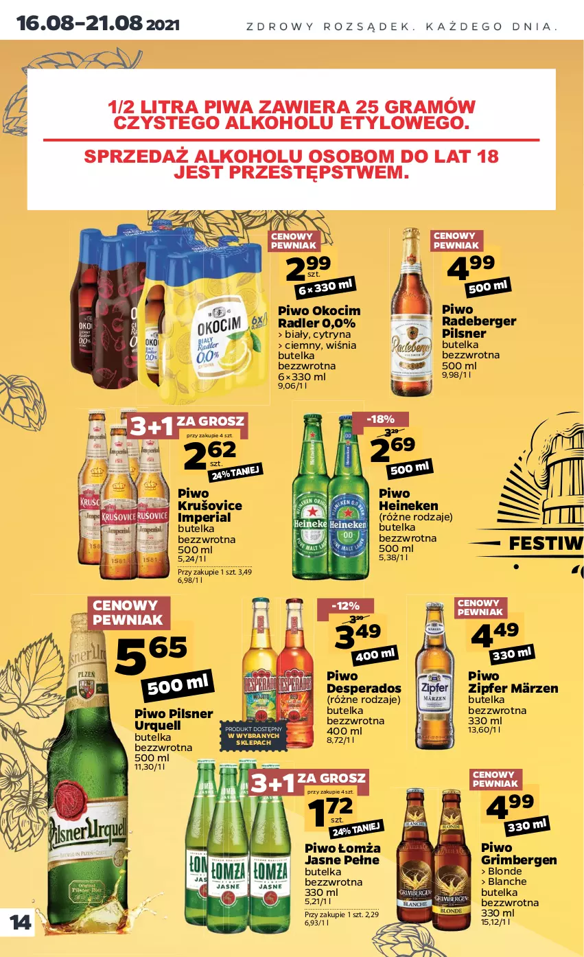 Gazetka promocyjna Netto - Gazetka spożywcza - ważna 16.08 do 21.08.2021 - strona 14 - produkty: Desperados, Gra, Heineken, Koc, Okocim, Pilsner Urquell, Piwa, Piwo, Radler